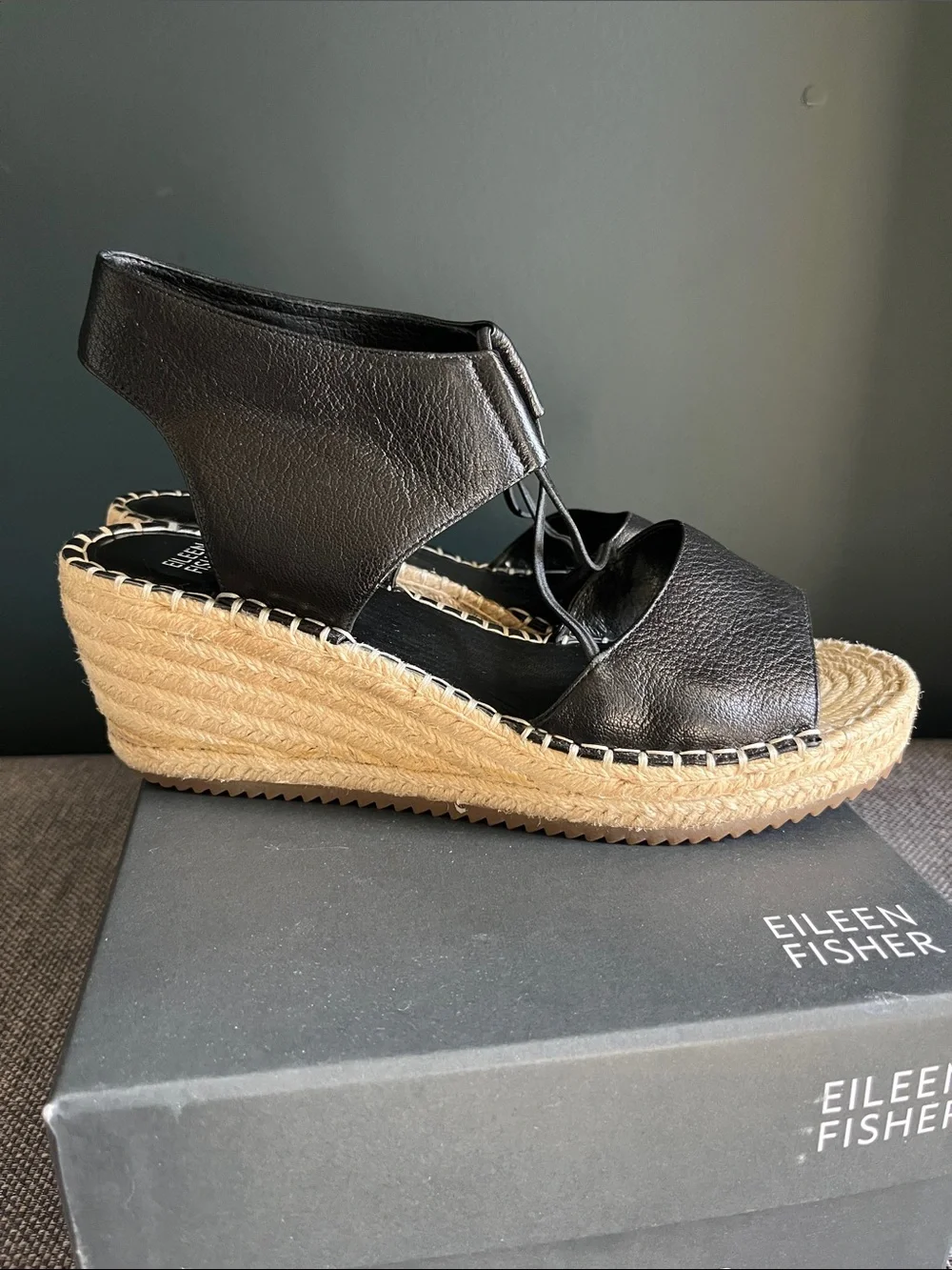 Eileen Fisher Black Leather Espadrille Slingback Wedges